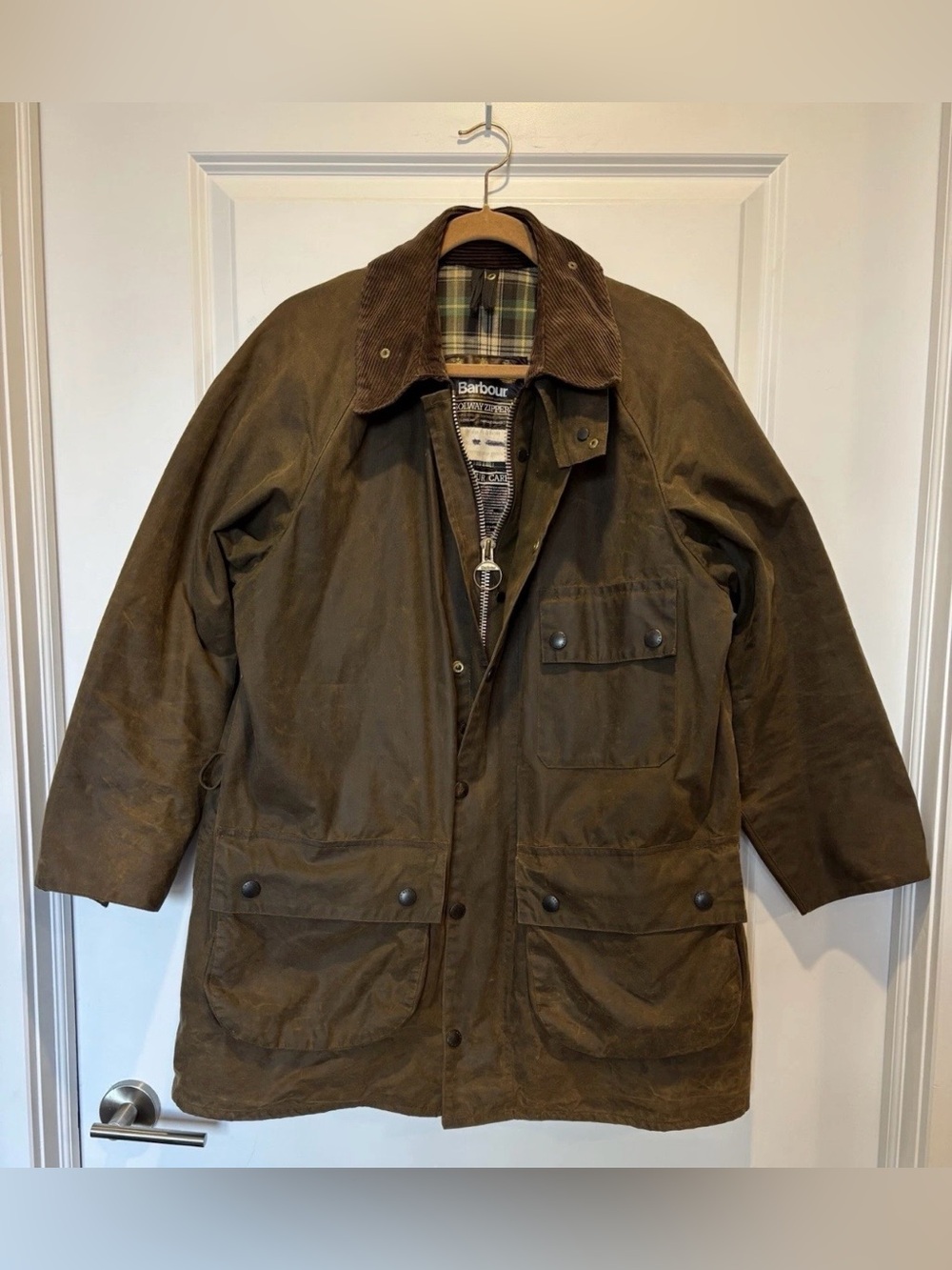 Vintage Barbour Waxed Jacket 42 Olive Green A98 Solway Zipper Men's Trench Coat